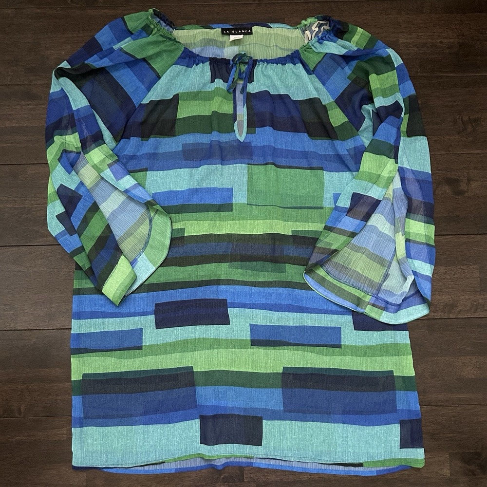 La Blanca Sheer Swimsuit Cover-Up Quarter Sleeves Blue Size M